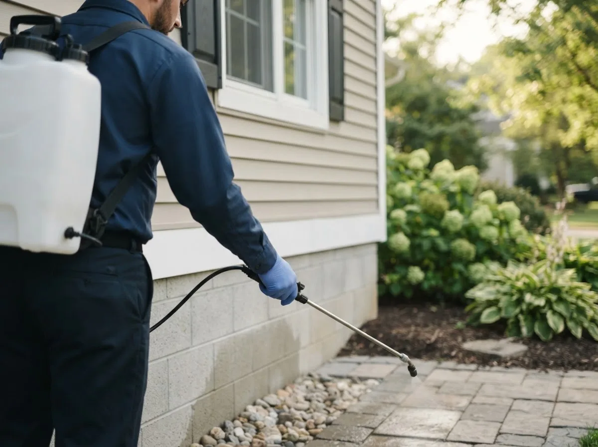 Pest control technician inspecting a home in Parkersburg, IA